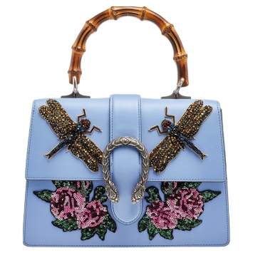Pre Owned Gucci Blue Leather Embroidered Medium Dionysus Bamboo Top Handle Bag