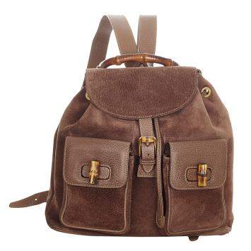 Pre Owned Gucci Brown Leather and Suede Bamboo Backpack