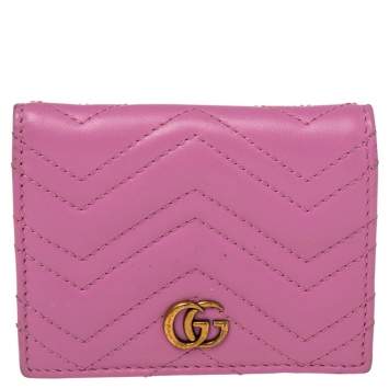 Pre Owned Gucci Pink Matelassé Leather GG Marmont Card Case
