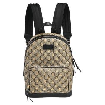 Pre Owned Gucci Black/Beige GG Supreme Coated Canvas And Leather Bees Backpack