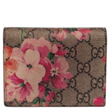 Pre Owned Gucci Pink/Beige GG Supreme Blooms Card Case
