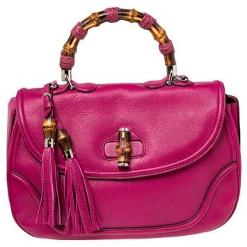 Pre Owned Gucci Pink Leather Large New Bamboo Tassel Top Handle Bag