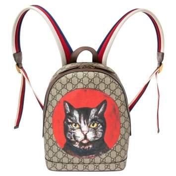 Pre Owned Gucci Red/Beige GG Supreme and Leather Bosco Backpack