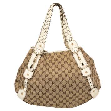 Pre Owned Gucci White/Beige GG Canvas and Leather Pelham Tote