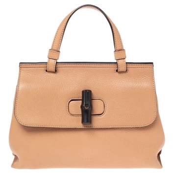 Pre Owned Gucci Beige Leather Small Bamboo Daily Top Handle Bag