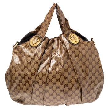 Pre Owned Gucci Brown/Beige GG Crystal Canvas and Leather Large Hysteria Hobo