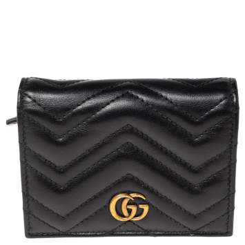 Pre Owned Gucci Black Matelassé Leather GG Marmont Card Case