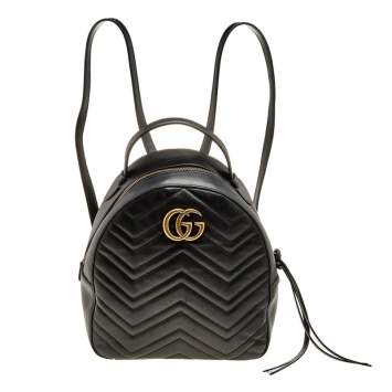Pre Owned Gucci Black Chevron Quilted Leather GG Marmont Backpack