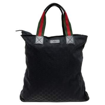 Pre Owned Gucci Black GG Canvas Large Web Handle Vertical Tote Bag