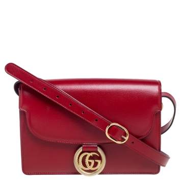 Pre Owned Gucci Red Leather Flap GG Ring Shoulder Bag