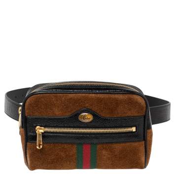 Pre Owned Gucci Brown Suede and Patent Leather GG Ophidia Belt Bag
