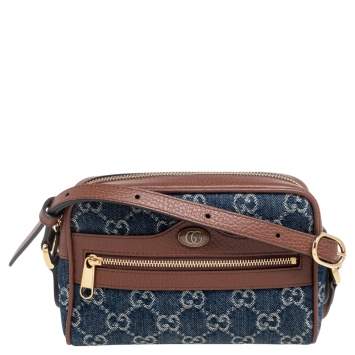 Pre Owned Gucci Blue/Tan GG Denim and Leather Mini Ophidia Crossbody Bag   