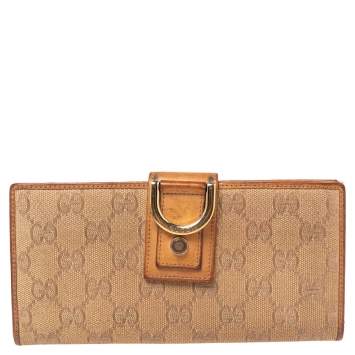 Pre Owned Gucci Metallic Beige GG Canvas and Leather D Ring Continental Wallet