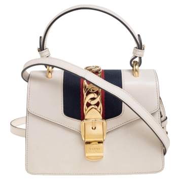 Pre Owned Gucci Off White Leather Mini Web Chain Sylvie Top Handle Bag