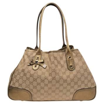 Pre Owned Gucci Gold/Beige GG Canvas and Leather Princy Tote 