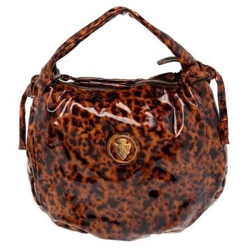 Pre Owned Gucci Brown Animal Print Patent Leather Hysteria Hobo