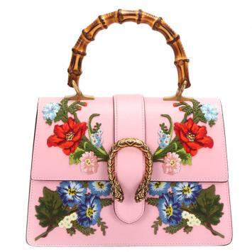 Pre Owned Gucci Pink Calf Leather Medium Bamboo Dionysus Embroidered Top Handle Bag