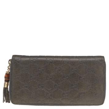 Pre Owned Gucci Grey Guccissima Leather Bamboo Tassel Zip Around Wallet