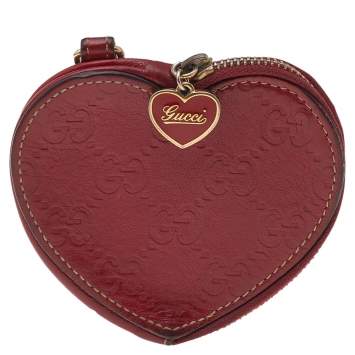 Pre Owned Gucci Red Guccissima Leather Heart Shape Coin Purse