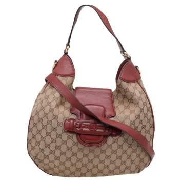Pre Owned Gucci Beige/Brown GG Canvas And Leather Dressage Hobo