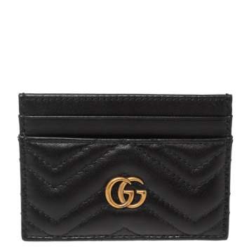 Pre Owned Gucci Black Matelassé Leather GG Marmont Card Holder