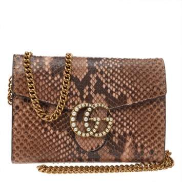 Pre Owned Gucci Beige Python Leather GG Marmont Wallet On Chain