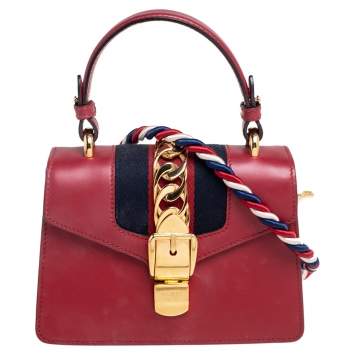 Pre Owned Gucci Red Leather Mini Web Chain Sylvie Top Handle Bag