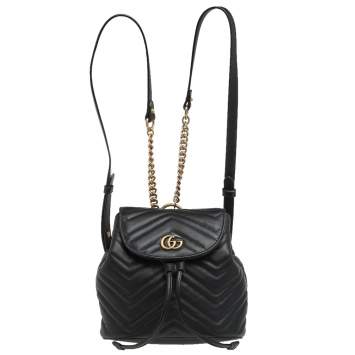 Pre Owned Gucci Black Matelassé Leather GG Marmont Backpack