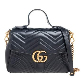 Pre Owned Gucci Black Matelassé Leather GG Marmont Small Top Handle Bag
