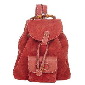Pre Owned Gucci Red Suede Bamboo Suede Backpack
