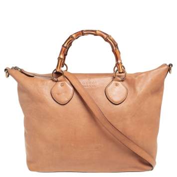 Pre Owned Gucci Beige Leather Medium Bamboo Shopper Tote