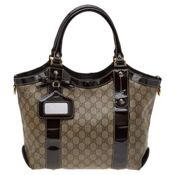 Pre Owned Gucci Beige/Brown GG Supreme Coated Canvas And Patent Leather Bow Mirror Sukey Tote