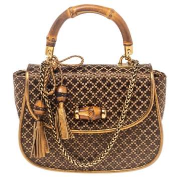Pre Owned Gucci Metallic Gold/Brown Diamante Fabric Bamboo Top Handle Bag