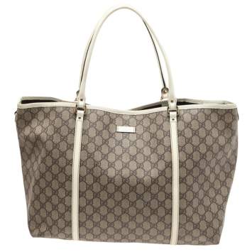 Pre Owned Gucci White/Beige GG Supreme Canvas and Patent Leather Large Joy Tote 
