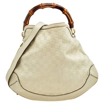 Pre Owned Gucci Off White Guccissima Leather Peggy Bamboo Top Handle Bag