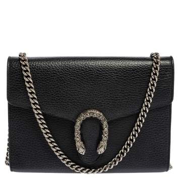 Pre Owned Gucci Black Leather Mini Dionysus Wallet On Chain