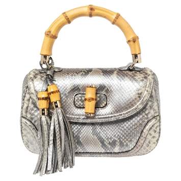 مملوكة مسبقًا Gucci Metallic Grey Python Medium Tassel New Bamboo Top Handle Bag