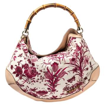 Pre Owned Gucci White/Pink Floral Canvas and Leather Peggy Bamboo Handle Hobo 