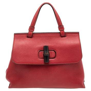 Pre Owned Gucci Red Leather Small Bamboo Daily Top Handle Bag
