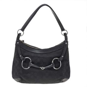 Pre Owned Gucci Black GG Canvas And Leather Horsebit Hobo