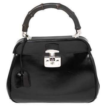 Pre Owned Gucci Black Glossy Leather Medium Lady Lock Top Handle Bag