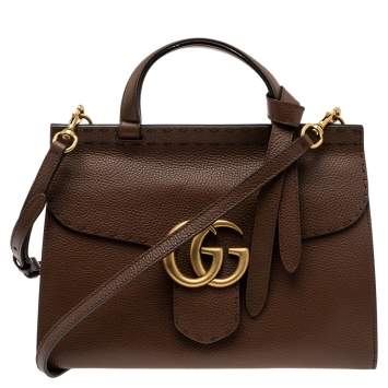 مملوكة مسبقًا Gucci Brown Grained Leather Small GG Marmont Top Handle Bag