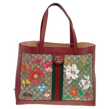 Pre Owned Gucci Red/Beige Leather And Coated Canvas Web GG Supreme Flora Printed Ophidia Tote