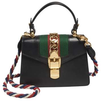 Pre Owned Gucci Black Leather Mini Web Chain Sylvie Top Handle Bag