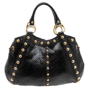 Pre Owned Gucci Black Python Studded Babouska Tote