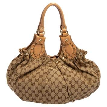 Pre Owned Gucci Tan/Beige GG Canvas and Leather Pelham Studded Hobo