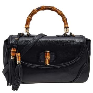 Pre Owned Gucci Black Leather New Bamboo Tassel Top Handle Bag