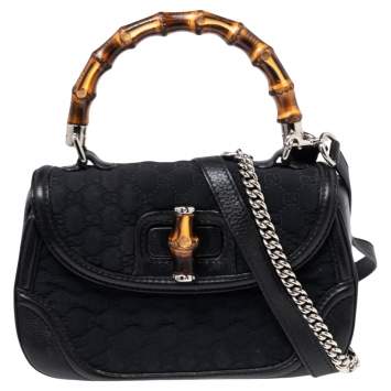 Pre Owned Gucci Black GG Fabric and Leather New Bamboo Top Handle Bag