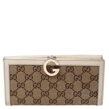 Pre Owned Gucci White/Beige GG Canvas and Leather G Bit Flap Continental Wallet