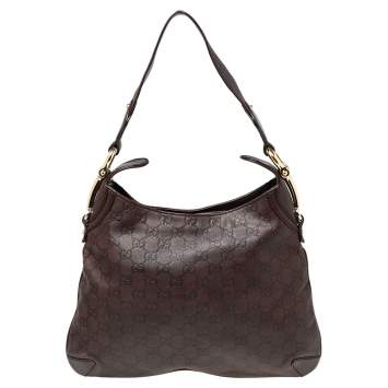 Pre Owned Gucci Dark Brown GG Leather Horsebit Creole Hobo